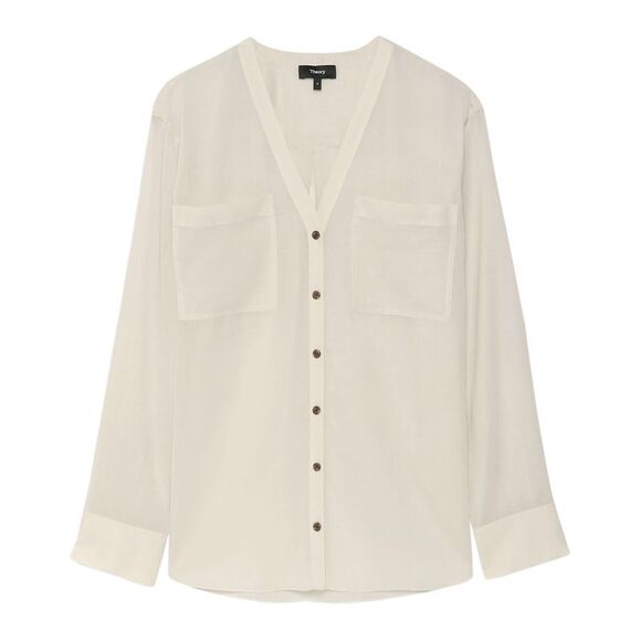 Theory Tops - Theory Womens Lightweight Wool Pocket Shirt Large Sand - MWT $315
